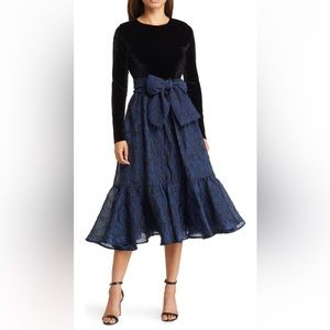 Rachel Parcell tie waist tiered long sleeve midi dress with velvet top